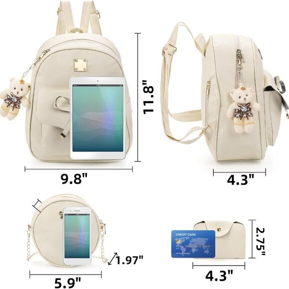 3Pcs Leather Backpack Purse Set for Women Mini Bowknot Casual Travel - Picture 2 of 7